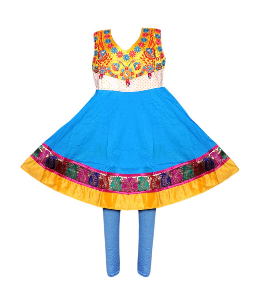 F1 Sky Blue & Yellow Cotton Anarkali Churidar Set available at snapdeal for Rs.399