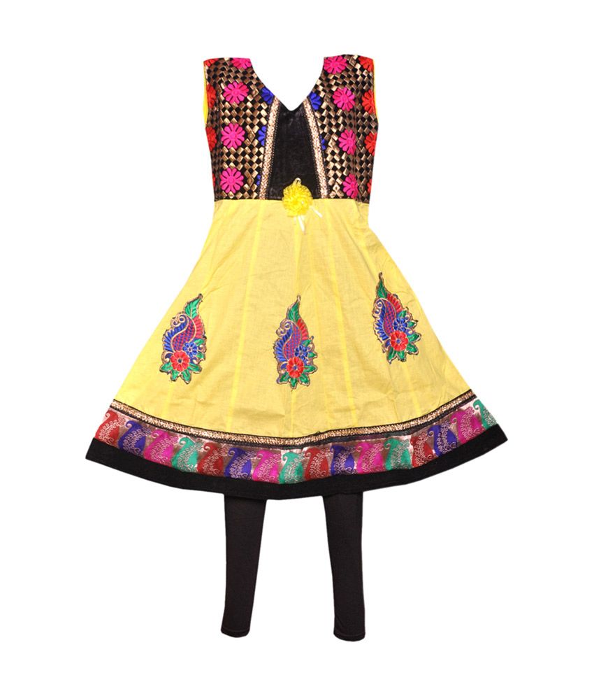 F1 Yellow & Black Half Sleeves Cotton Churidar Set available at snapdeal for Rs.399