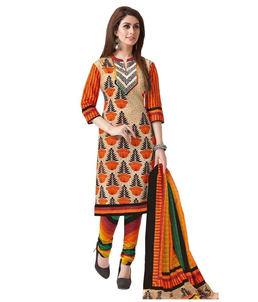 Aarvi Fashion Orange Cotton Unstitched Dress Material