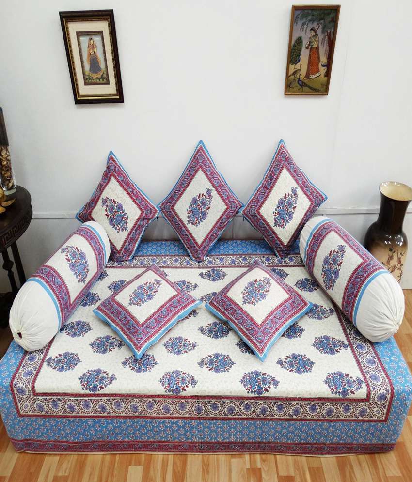 Heritagefabs Anokhi Purple Diwan Set (single Bed Sheet With 5 Cushion Covers And 2 Bolster Covers)
