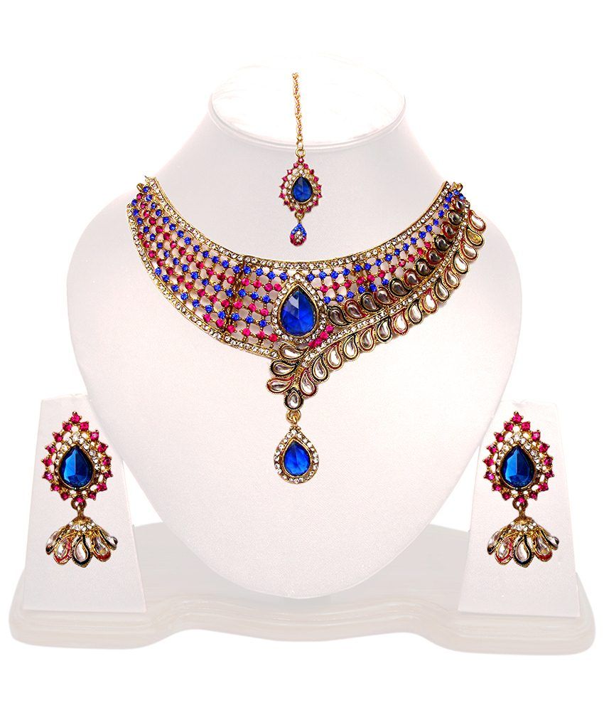 Triumphin Pink & Blue Alloy Necklace Set With Maang Tika available at snapdeal for Rs.699