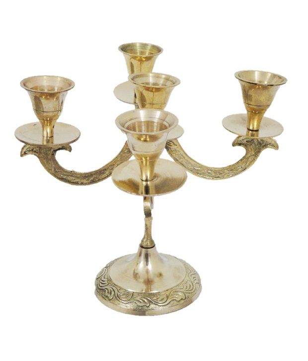 E-handicrafts Glossy Brass Shamadan Candle Stand Ith 5 Stands