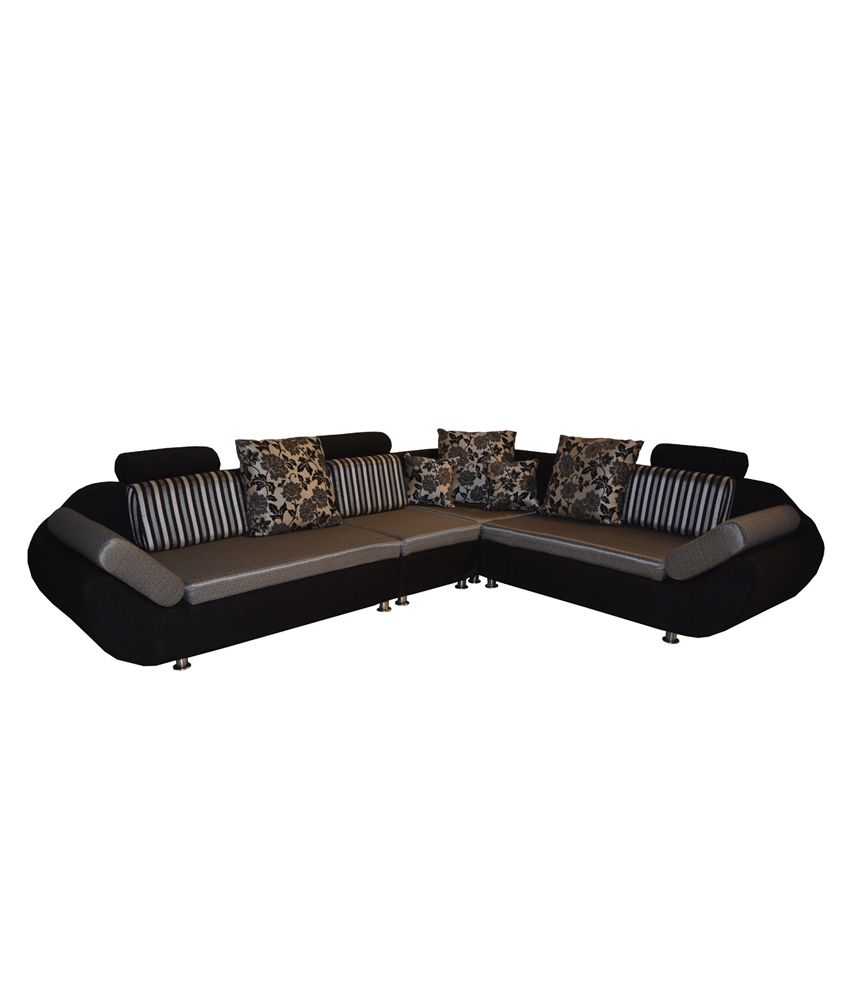 Solid Wood 6 Seater L Shaped Sofa Set In Grey