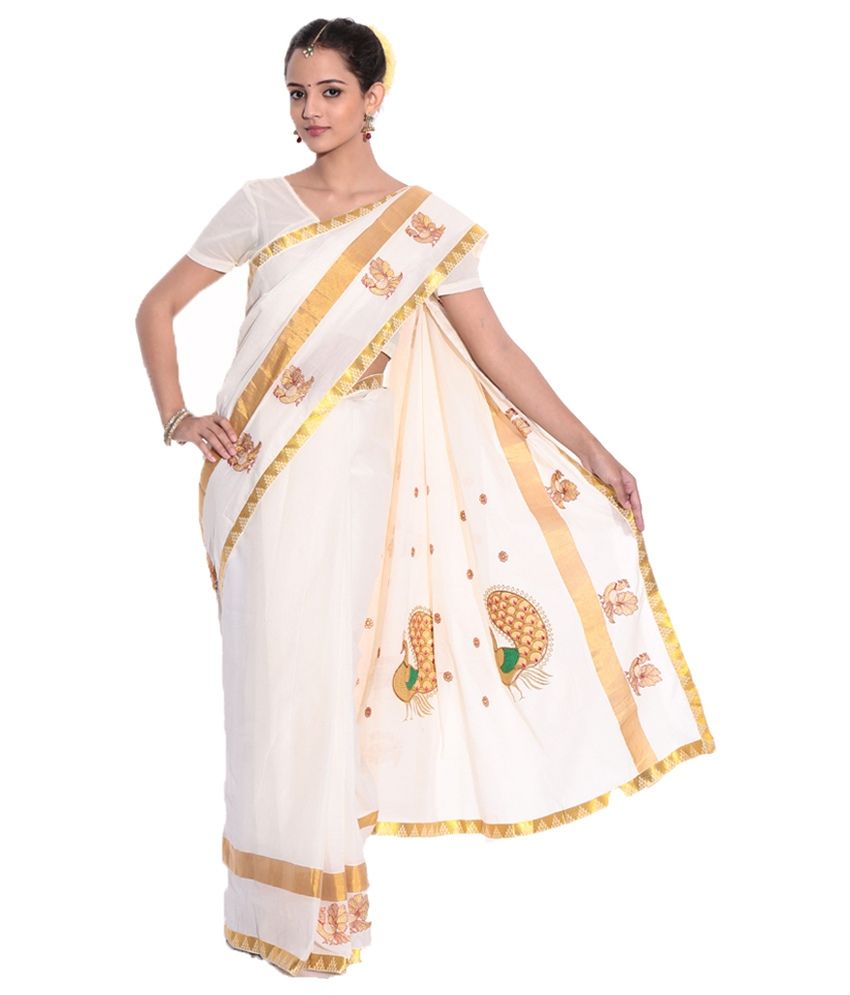 Fashion Kiosks White Kerala Kasavu Cotton Saree With Matching Blouse