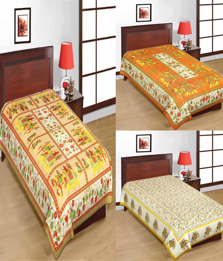UniqChoice Rajasthani Traditional Print Cotton 3 Single Bed Sheet Combo