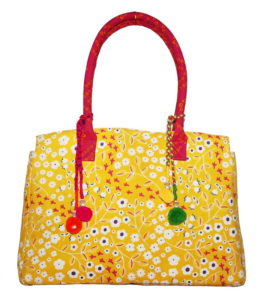 Fab Designs Cotton Hand Bags Printed Yellow Floral Women Shoulder Bag