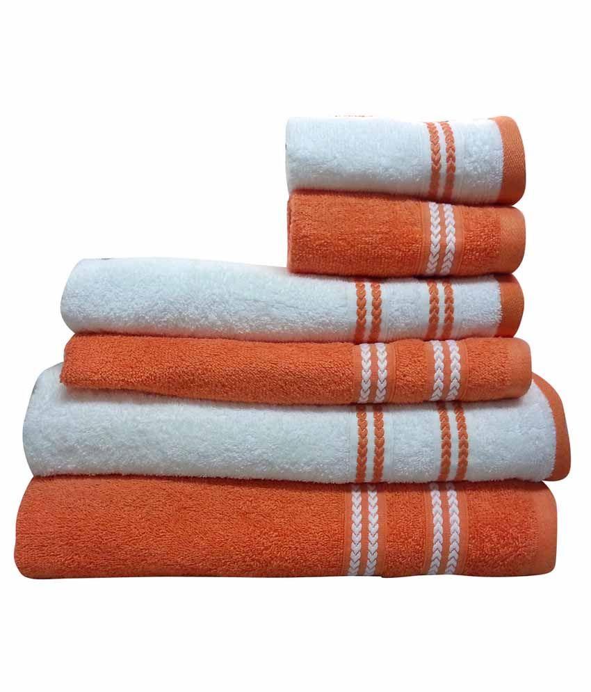 Welspun Global Brands Limited Orange And White Cotton Towel Set - 6 Pcs