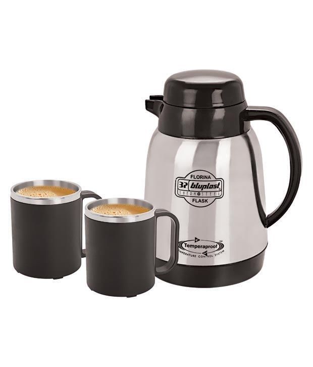 Bluplast Black And Silver Stainless Steel Flask And Mugs - 3 Pcs