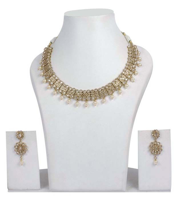 Much More Tradition Fashioin Design Pearl Drop Peach Color Gold Plated Polki Necklace Wedding Jewelry Set available at snapdeal for Rs.1880