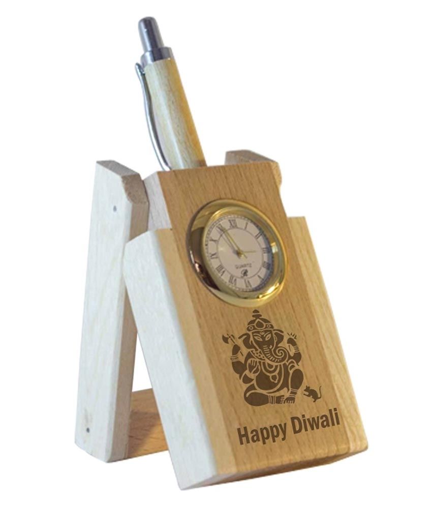 Tiedribbons Exotic Wood Engraved Desktop Accessory Pen Holder With Clock available at snapdeal for Rs.399