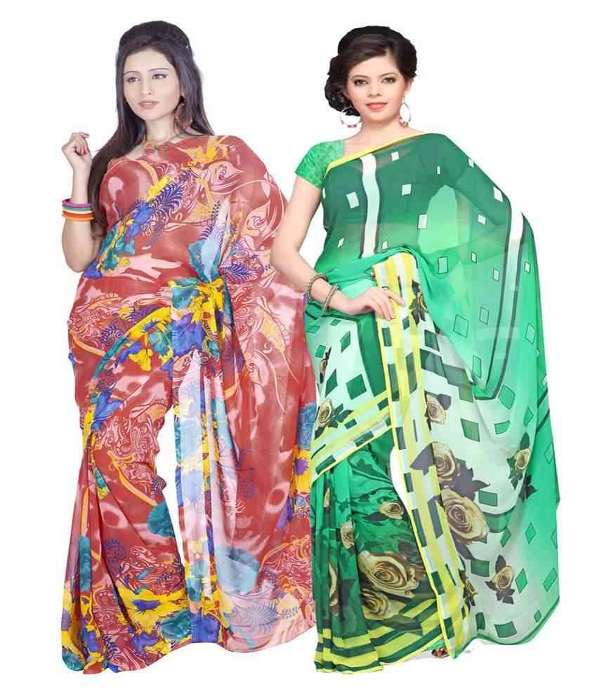 Variation Red & Green Georgette Printed Saree Combo available at snapdeal for Rs.920