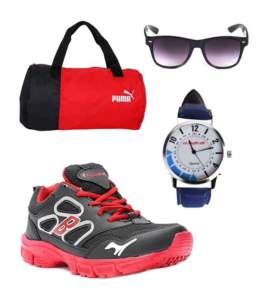 Elligator Combo Of Black And Red Sports Shoes With Red Puma Gym Bag, Wayfarer Sunglasses And Watch available at snapdeal for Rs.1255