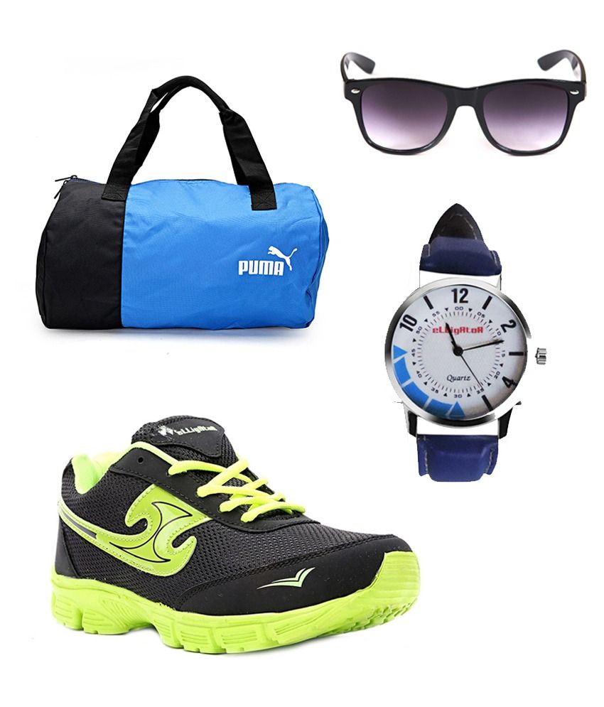 Elligator Combo Of Black And Green Sports Shoes With Blue Puma Gym Bag, Wayfarer Sunglasses And Watch available at snapdeal for Rs.1255