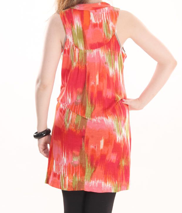 Global Desi Red Printed-Embroidered  Tunic