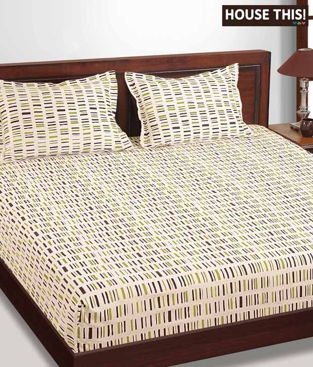 House This Green & Dark Brown Double Bed Sheet With Two