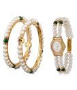 Oleva Pair of Pearl Bangles & Pearl Watch Combo