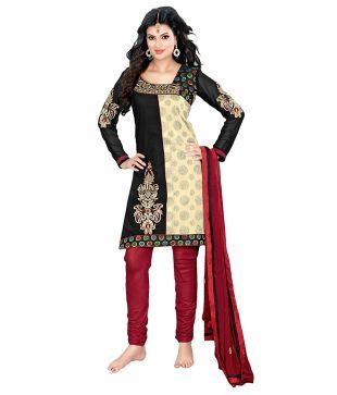 Fabdeal Black Embroidered Faux Georgette Unstitched Suit With Dupatta