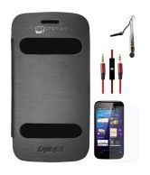 Micromax A110 Canvas 2 Superfone Leather Book Flip Back Cover (Black Cut) + Matte Screen + Aux Cable with Mic + Stylus