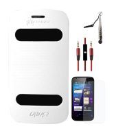 Micromax A110 Canvas 2 Superfone Leather Book Flip Back Cover (White Cut) + Matte Screen + Aux Cable with Mic + Stylus