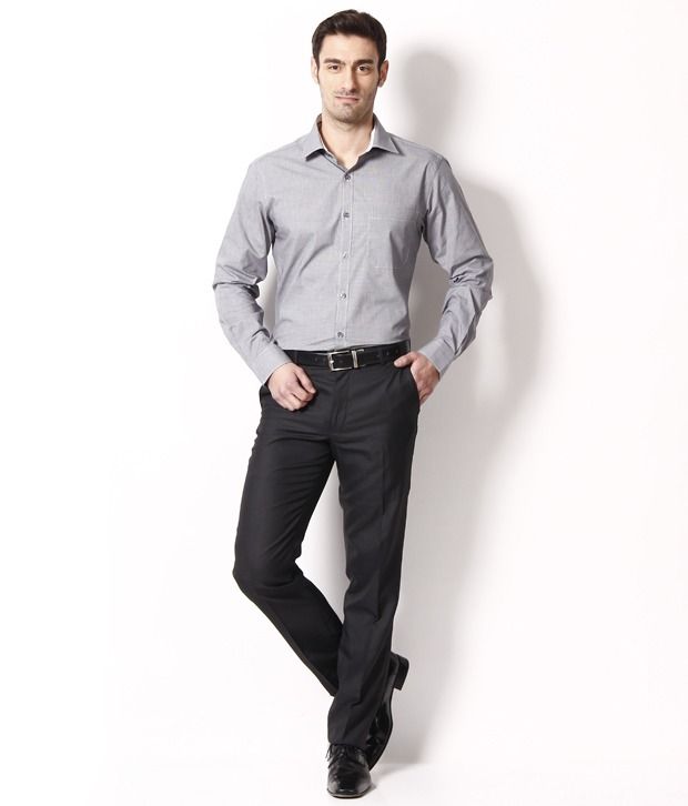 black shirt light grey pants