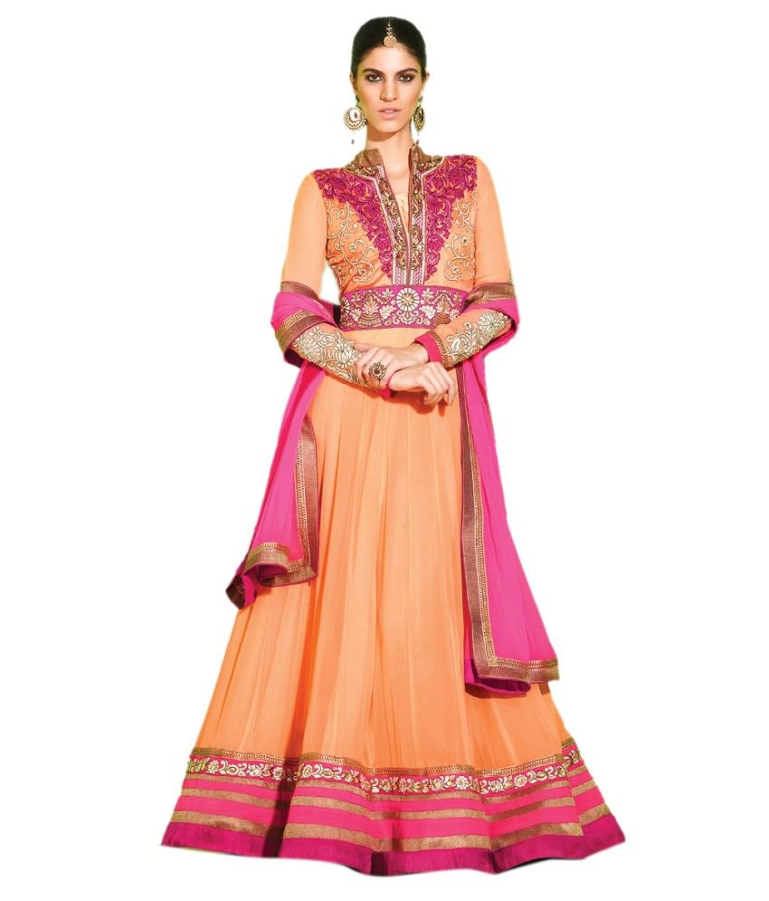 Triveni Orange Embroidered Faux Georgette Semi Stitched Anarkali Salwar Suits 