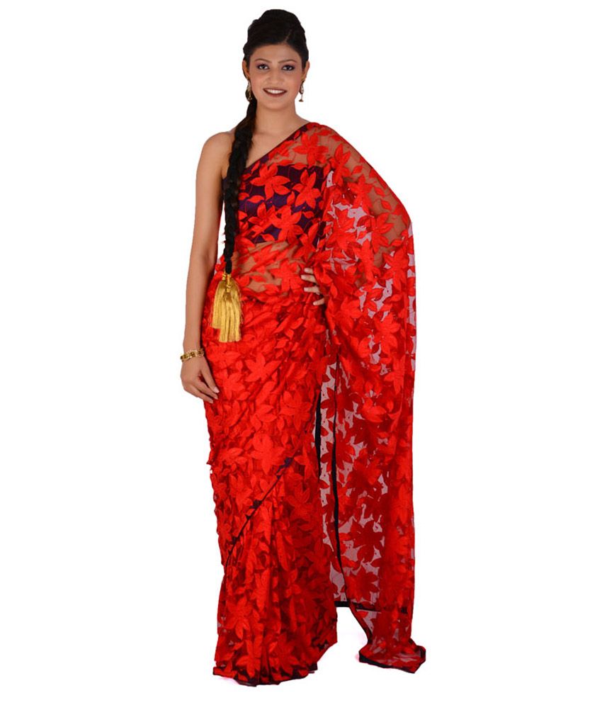 Inblue Fashions Red Brasso Net Saree