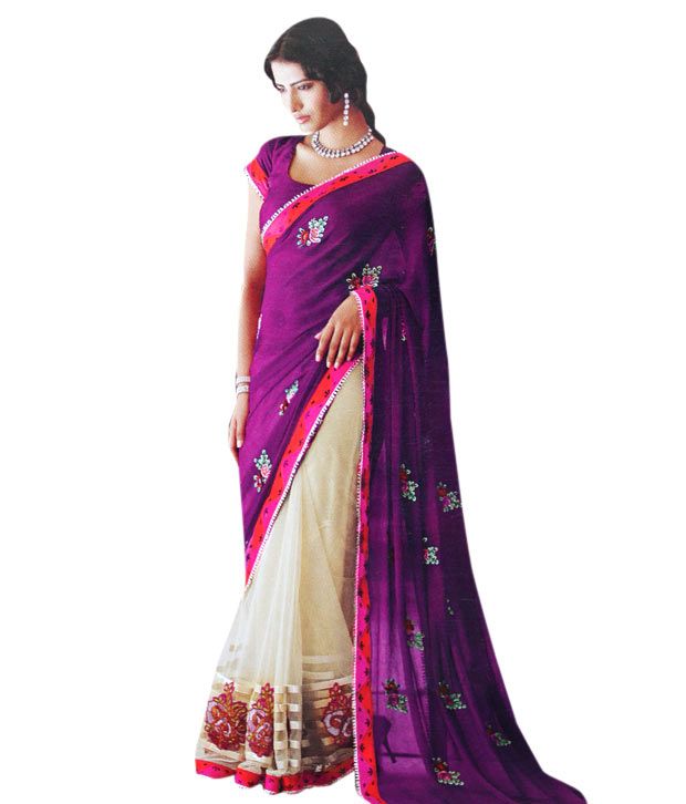 Aaditri Purple Embroidered Semi Chiffon Saree available at snapdeal for Rs.4898