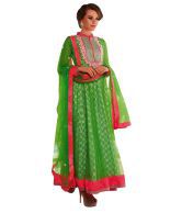 Indiweaves Indiweaves Green Embroidered Net  Dress Material 