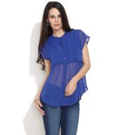 Remanika Blue Solids Poly Georgette Half Chinese Collar Shirts