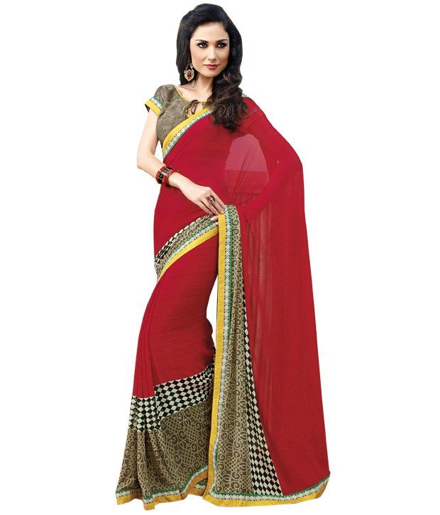 Shraddha Sarees Red Border Work Faux Georgette Saree Buy Shraddha