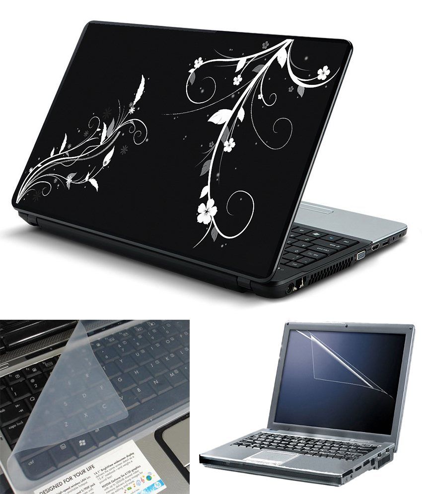 FineArts 3 in 1 Laptop Skin Pack - Abstract Floral Black Back 1 With
