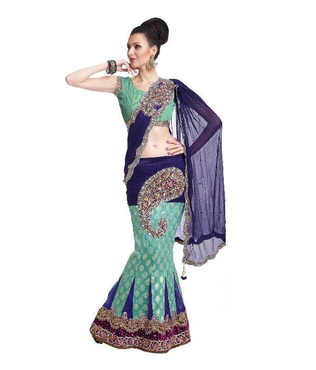 Fabdeal Sea Green & Blue Colored Chiffon & Brocade Embroidered Saree available at snapdeal for Rs.9320