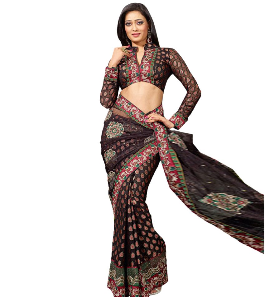 Kalazone Black Embroidered Zari Work Net Saree