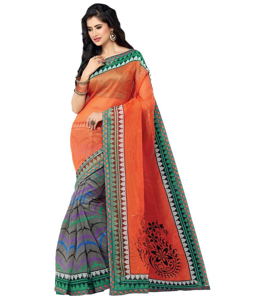 Hi-fashion Orange Super Net Saree With Unstitched Blouse available at snapdeal for Rs.974