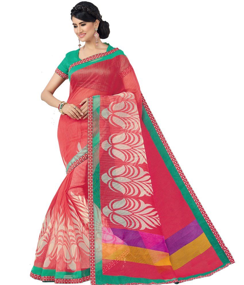 Hi-fashion Red Super Net Saree With Unstitched Blouse available at snapdeal for Rs.974