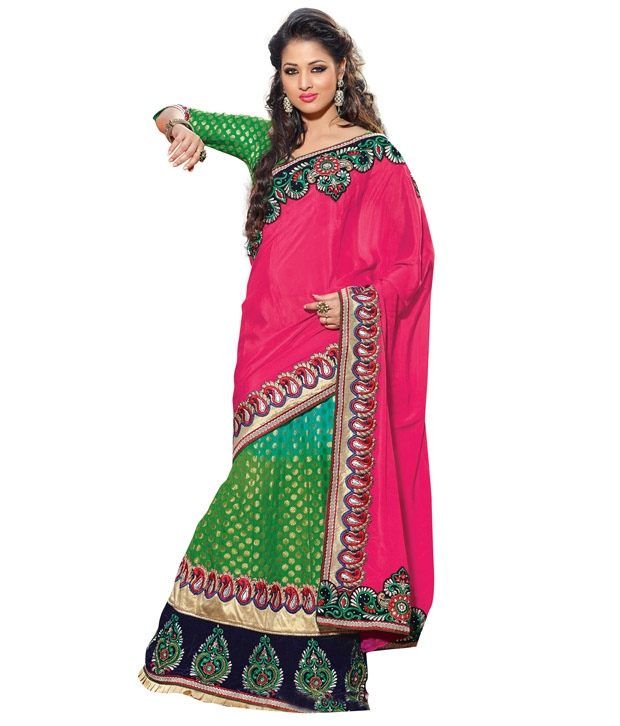 Fabdeal Pink & Green Colored Chiffon Embroidered Lehenga Saree available at snapdeal for Rs.6199