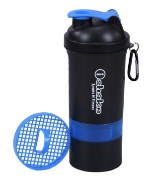 Sun Plastics Shaker Bottle (500 ML) With 2 Storage Boxes - Black & Blue
