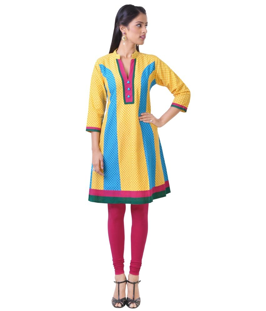 Libas Yellow and Blue Cotton Anarkali Kurti available at SnapDeal for