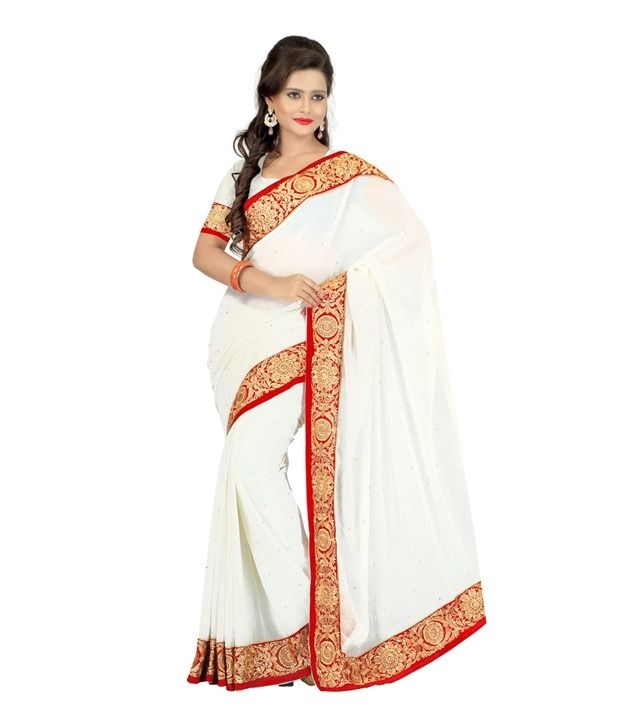 Fabdeal White Colored Chiffon Embroidered Saree available at snapdeal for Rs.1999