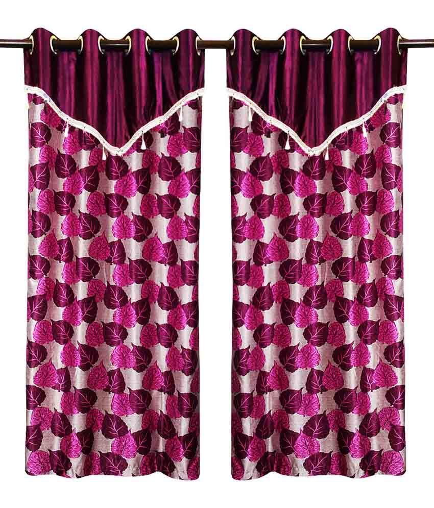 Pipal Leaves Printed Window Curtain With Flap Purple 2 Pcs Set (48 X 60 Inches)