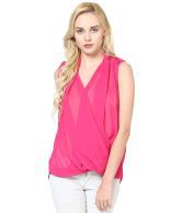 La Arista Pink Polyester Solids V Neck Top 