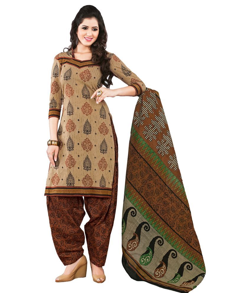 Salwar Studio Beige And Brown Unstitched Churidar Kameez With Dupatta available at snapdeal for Rs.790