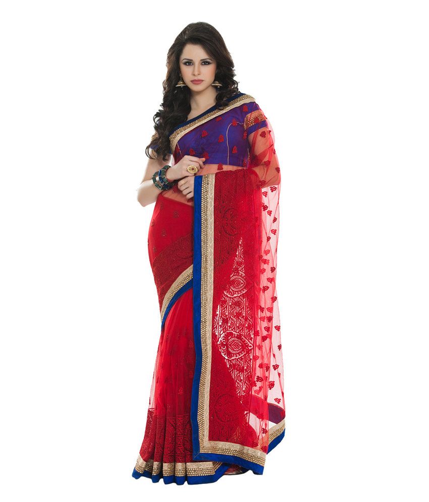Aishwarya Design Studio Red Net Kundan Work Saree