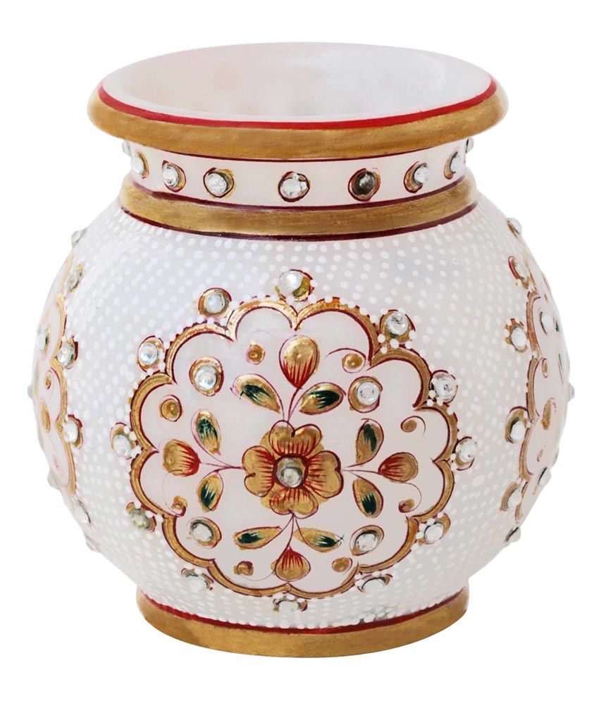 Handicrafts Paradise Marble Flower Pot With Gold And Kundan Work