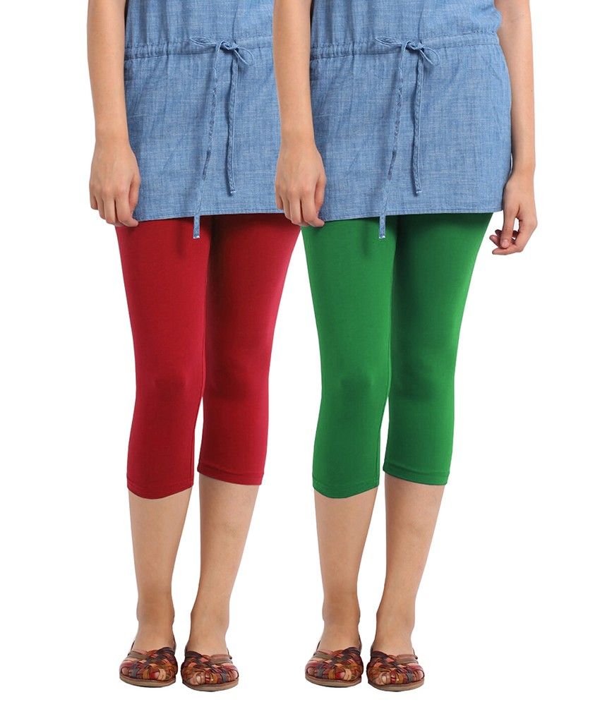Cotton Capri Leggings Pack Of 2 Green And Red available at snapdeal for Rs.479