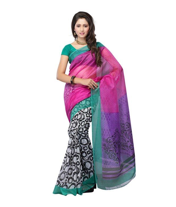 Ambaji Pink And Violet Color Super Net Printed Saree With Blouse Piece available at snapdeal for Rs.299