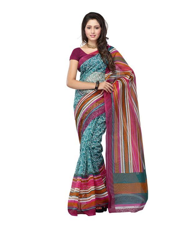 Ambaji Turquoise And White Color Super Net Printed Saree With Blouse Piece available at snapdeal for Rs.499