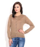 Fortcollins Khaki Acrylic Round Neck Buttoned Cardigans 