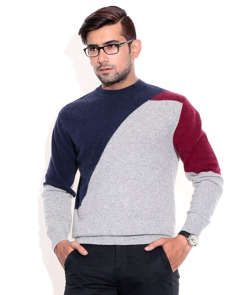 Wills Lifestyle Gray Merino Wool Round Neck Sweaters 