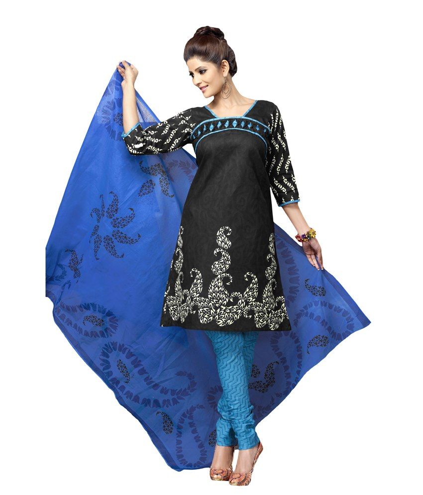 Salwar Studio Black & Blue Cotton Unstitched Churidar Kameez With Dupatta- Km-14705 available at snapdeal for Rs.2955